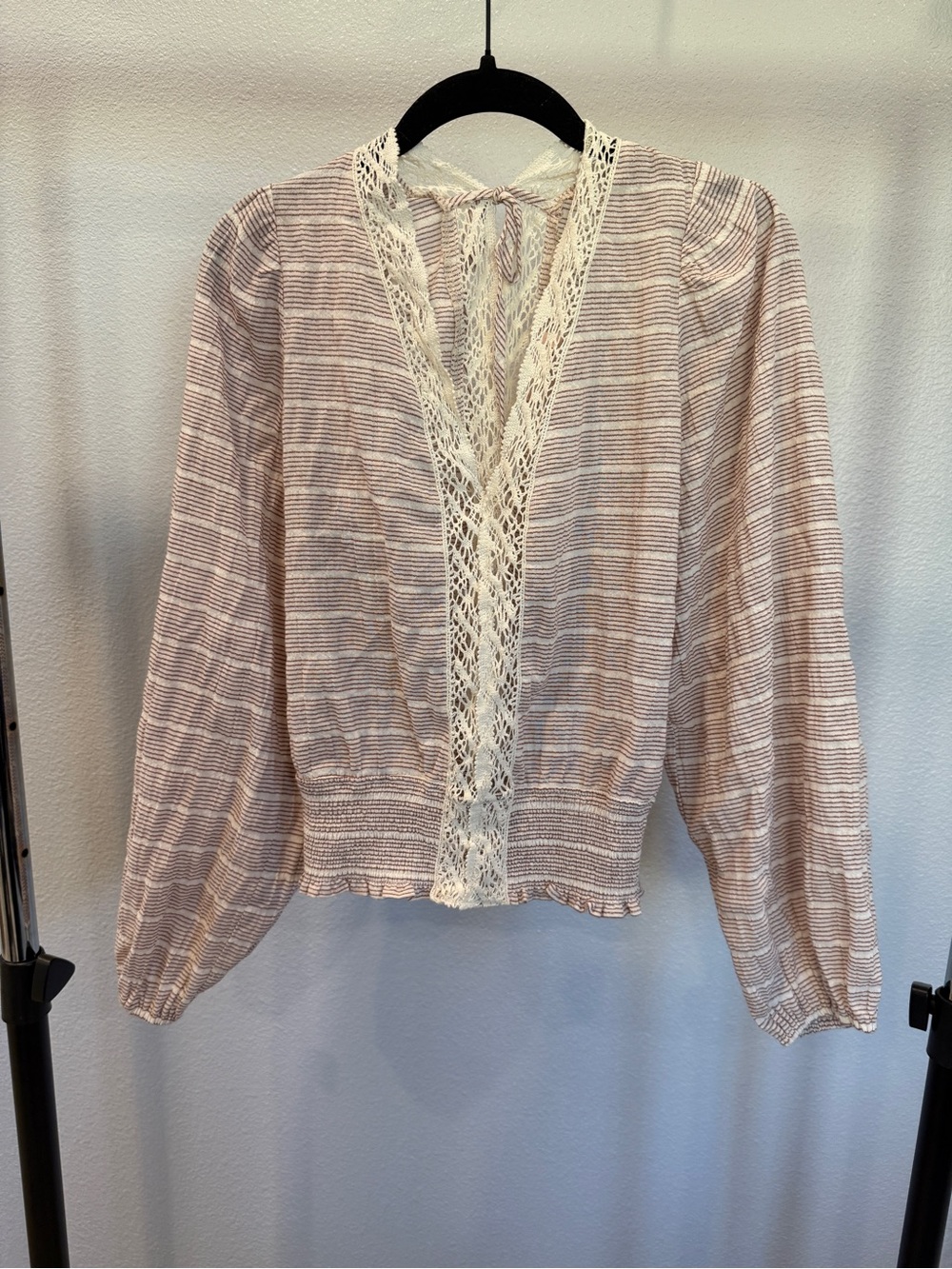 Willow + Root Striped V-Neck Crochet Lace-Trim Women's Blouse Open Back with Tie